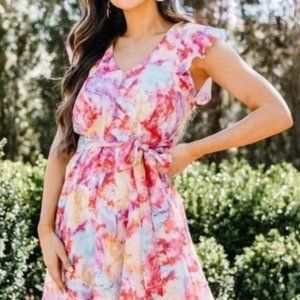 Andree by Unit Multicolor Red Tie Dye Ruffle Sleeves Back Tie Dress Size L